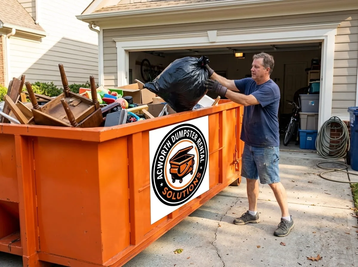 Locally owned dumpster rental company in Acworth GA Acworth Dumpster Rental Solutions container on a Cobb County driveway